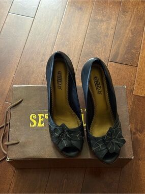 Seychelles Black Peep-Toe Heels with Floral Accent